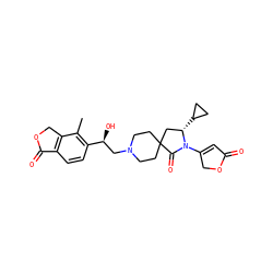 Cc1c([C@@H](O)CN2CCC3(CC2)C[C@H](C2CC2)N(C2=CC(=O)OC2)C3=O)ccc2c1COC2=O ZINC000206825265