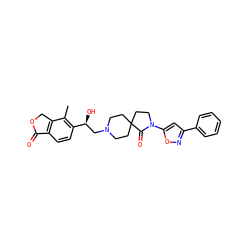 Cc1c([C@@H](O)CN2CCC3(CC2)CCN(c2cc(-c4ccccc4)no2)C3=O)ccc2c1COC2=O ZINC001772570972