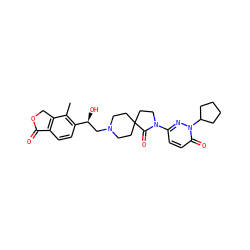 Cc1c([C@@H](O)CN2CCC3(CC2)CCN(c2ccc(=O)n(C4CCCC4)n2)C3=O)ccc2c1COC2=O ZINC001772621904