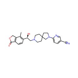 Cc1c([C@@H](O)CN2CCC3(CC2)CCN(c2ccc(C#N)cn2)C3)ccc2c1COC2=O ZINC000473134072