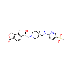 Cc1c([C@@H](O)CN2CCC3(CC2)CCN(c2ccc(S(C)(=O)=O)cn2)C3)ccc2c1COC2=O ZINC000223084445