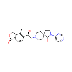 Cc1c([C@@H](O)CN2CCC3(CC2)CCN(c2ccncn2)C3=O)ccc2c1COC2=O ZINC001772594383