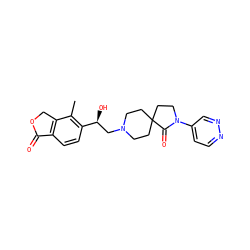 Cc1c([C@@H](O)CN2CCC3(CC2)CCN(c2ccnnc2)C3=O)ccc2c1COC2=O ZINC001772590413