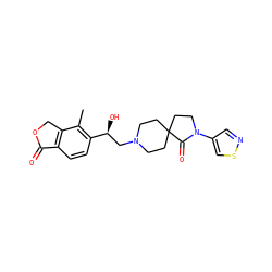 Cc1c([C@@H](O)CN2CCC3(CC2)CCN(c2cnsc2)C3=O)ccc2c1COC2=O ZINC001772597601