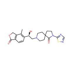 Cc1c([C@@H](O)CN2CCC3(CC2)CCN(c2ncns2)C3=O)ccc2c1COC2=O ZINC001772611665