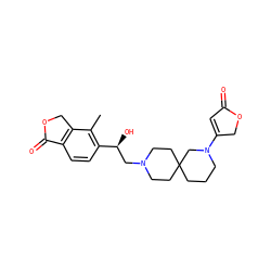Cc1c([C@@H](O)CN2CCC3(CCCN(C4=CC(=O)OC4)C3)CC2)ccc2c1COC2=O ZINC000206932055