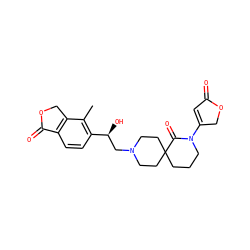 Cc1c([C@@H](O)CN2CCC3(CCCN(C4=CC(=O)OC4)C3=O)CC2)ccc2c1COC2=O ZINC000206922341