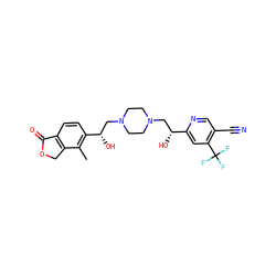 Cc1c([C@@H](O)CN2CCN(C[C@@H](O)c3cc(C(F)(F)F)c(C#N)cn3)CC2)ccc2c1COC2=O ZINC000473136910