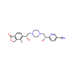 Cc1c([C@@H](O)CN2CCN(C[C@@H](O)c3ccc(C#N)cn3)CC2)ccc2c1COC2=O ZINC000068248151