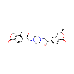 Cc1c([C@@H](O)CN2CCN(C[C@@H](O)c3ccc4c(c3)C[C@@H](C)OC4=O)CC2)ccc2c1COC2=O ZINC000205501599
