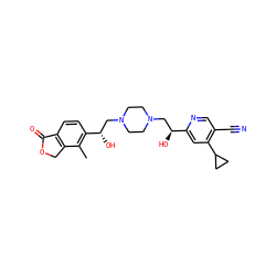 Cc1c([C@@H](O)CN2CCN(C[C@H](O)c3cc(C4CC4)c(C#N)cn3)CC2)ccc2c1COC2=O ZINC000473136607