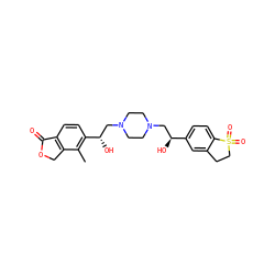 Cc1c([C@@H](O)CN2CCN(C[C@H](O)c3ccc4c(c3)CCS4(=O)=O)CC2)ccc2c1COC2=O ZINC000205508133