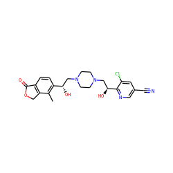 Cc1c([C@@H](O)CN2CCN(C[C@H](O)c3ncc(C#N)cc3Cl)CC2)ccc2c1COC2=O ZINC000144811977