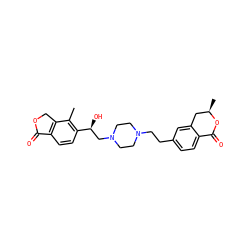 Cc1c([C@@H](O)CN2CCN(CCc3ccc4c(c3)C[C@@H](C)OC4=O)CC2)ccc2c1COC2=O ZINC000220575177