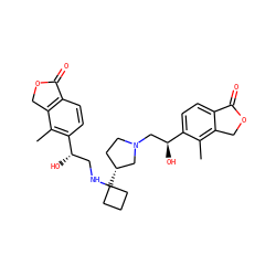 Cc1c([C@@H](O)CNC2([C@@H]3CCN(C[C@H](O)c4ccc5c(c4C)COC5=O)C3)CCC2)ccc2c1COC2=O ZINC000205634580