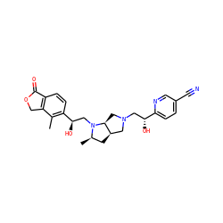 Cc1c([C@H](O)CN2[C@H](C)C[C@@H]3CN(C[C@@H](O)c4ccc(C#N)cn4)C[C@@H]32)ccc2c1COC2=O ZINC001772641784