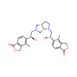 Cc1c([C@H](O)CN2C[C@@H]3CCN(C[C@@H](O)c4ccc5c(c4C)COC5=O)[C@@H]3C2)ccc2c1COC2=O ZINC001772586681