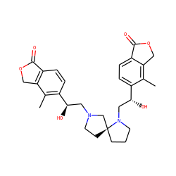 Cc1c([C@H](O)CN2CC[C@@]3(CCCN3C[C@@H](O)c3ccc4c(c3C)COC4=O)C2)ccc2c1COC2=O ZINC001772641728