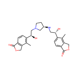 Cc1c([C@H](O)CN2CC[C@@H](NC[C@H](O)c3ccc4c(c3C)COC4=O)C2)ccc2c1COC2=O ZINC000205632688