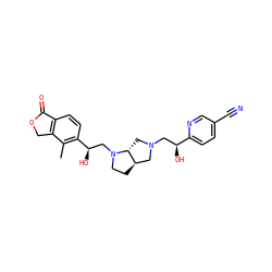 Cc1c([C@H](O)CN2CC[C@@H]3CN(C[C@H](O)c4ccc(C#N)cn4)C[C@H]32)ccc2c1COC2=O ZINC001772579587