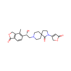 Cc1c([C@H](O)CN2CCC3(CC2)CCN(C2=CC(=O)OC2)C3=O)ccc2c1COC2=O ZINC000142004422