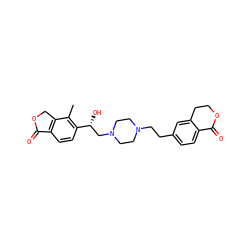 Cc1c([C@H](O)CN2CCN(CCc3ccc4c(c3)CCOC4=O)CC2)ccc2c1COC2=O ZINC000220575238