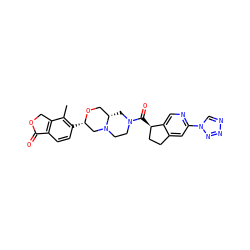 Cc1c([C@H]2CN3CCN(C(=O)[C@@H]4CCc5cc(-n6cnnn6)ncc54)C[C@H]3CO2)ccc2c1COC2=O ZINC000148950375