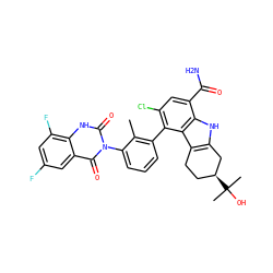 Cc1c(-c2c(Cl)cc(C(N)=O)c3[nH]c4c(c23)CC[C@H](C(C)(C)O)C4)cccc1-n1c(=O)[nH]c2c(F)cc(F)cc2c1=O ZINC000222980144