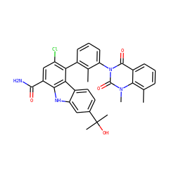 Cc1c(-c2c(Cl)cc(C(N)=O)c3[nH]c4cc(C(C)(C)O)ccc4c23)cccc1-n1c(=O)c2cccc(C)c2n(C)c1=O ZINC000223029833