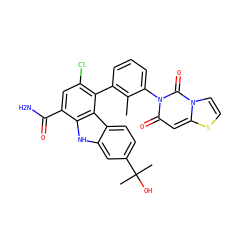 Cc1c(-c2c(Cl)cc(C(N)=O)c3[nH]c4cc(C(C)(C)O)ccc4c23)cccc1-n1c(=O)cc2sccn2c1=O ZINC000222845757