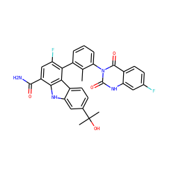 Cc1c(-c2c(F)cc(C(N)=O)c3[nH]c4cc(C(C)(C)O)ccc4c23)cccc1-n1c(=O)[nH]c2cc(F)ccc2c1=O ZINC000222963341