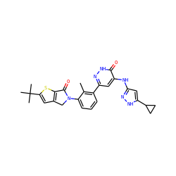 Cc1c(-c2cc(Nc3cc(C4CC4)[nH]n3)c(=O)[nH]n2)cccc1N1Cc2cc(C(C)(C)C)sc2C1=O ZINC000199974297