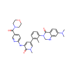 Cc1c(-c2cc(Nc3ccc(C(=O)N4CCOCC4)cn3)c(=O)n(C)c2)cccc1N1CNc2cc(N(C)C)ccc2C1=O ZINC000114435000