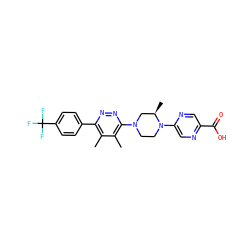 Cc1c(-c2ccc(C(F)(F)F)cc2)nnc(N2CCN(c3cnc(C(=O)O)cn3)[C@H](C)C2)c1C ZINC000146099710