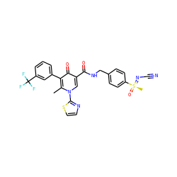 Cc1c(-c2cccc(C(F)(F)F)c2)c(=O)c(C(=O)NCc2ccc([S@@](C)(=O)=NC#N)cc2)cn1-c1nccs1 ZINC000149912871