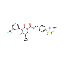 Cc1c(-c2cccc(C(F)(F)F)c2)c(=O)c(C(=O)NCc2ccc([S@](=O)(=NC#N)C(C)C)cc2)cn1C1CC1 ZINC000149899184