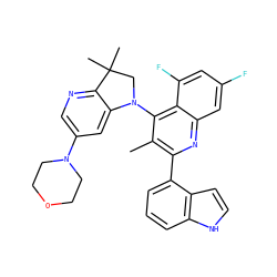 Cc1c(-c2cccc3[nH]ccc23)nc2cc(F)cc(F)c2c1N1CC(C)(C)c2ncc(N3CCOCC3)cc21 ZINC000118094621