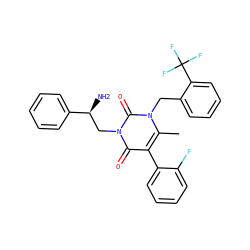 Cc1c(-c2ccccc2F)c(=O)n(C[C@H](N)c2ccccc2)c(=O)n1Cc1ccccc1C(F)(F)F ZINC000013609707