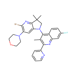 Cc1c(-c2ccccn2)nc2cc(F)ccc2c1N1CC(C)(C)c2nc(Br)c(N3CCOCC3)cc21 ZINC000118093595