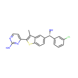 Cc1c(-c2ccnc(N)n2)sc2ccc([C@H](N)c3cccc(Cl)c3)cc12 ZINC000049037186