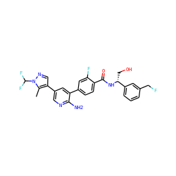 Cc1c(-c2cnc(N)c(-c3ccc(C(=O)N[C@H](CO)c4cccc(CF)c4)c(F)c3)c2)cnn1C(F)F ZINC001772592932