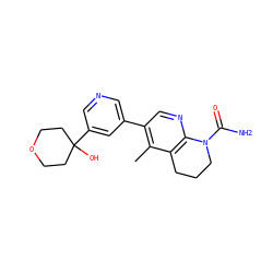 Cc1c(-c2cncc(C3(O)CCOCC3)c2)cnc2c1CCCN2C(N)=O ZINC001772653051