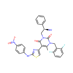 Cc1c(-c2csc(Nc3ccc([N+](=O)[O-])cc3)n2)c(=O)n(C[C@H](N)c2ccccc2)c(=O)n1Cc1c(F)cccc1F ZINC000028386221