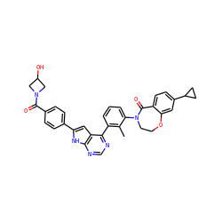 Cc1c(-c2ncnc3[nH]c(-c4ccc(C(=O)N5CC(O)C5)cc4)cc23)cccc1N1CCOc2cc(C3CC3)ccc2C1=O ZINC000148689405