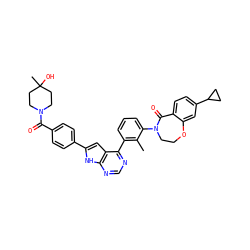 Cc1c(-c2ncnc3[nH]c(-c4ccc(C(=O)N5CCC(C)(O)CC5)cc4)cc23)cccc1N1CCOc2cc(C3CC3)ccc2C1=O ZINC000224768635