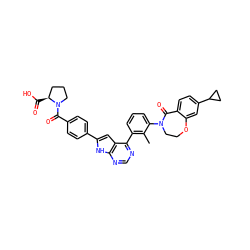 Cc1c(-c2ncnc3[nH]c(-c4ccc(C(=O)N5CCC[C@@H]5C(=O)O)cc4)cc23)cccc1N1CCOc2cc(C3CC3)ccc2C1=O ZINC000148727150