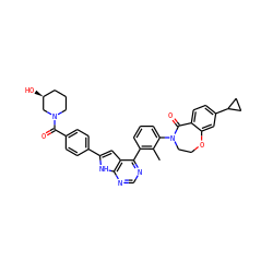 Cc1c(-c2ncnc3[nH]c(-c4ccc(C(=O)N5CCC[C@H](O)C5)cc4)cc23)cccc1N1CCOc2cc(C3CC3)ccc2C1=O ZINC000224768054