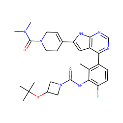 Cc1c(-c2ncnc3[nH]c(C4=CCN(C(=O)N(C)C)CC4)cc23)ccc(F)c1NC(=O)N1CC(OC(C)(C)C)C1 ZINC000142936222