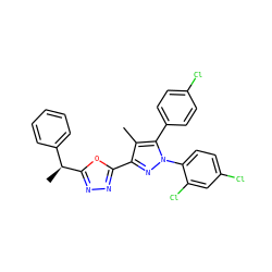 Cc1c(-c2nnc([C@@H](C)c3ccccc3)o2)nn(-c2ccc(Cl)cc2Cl)c1-c1ccc(Cl)cc1 ZINC000045496847