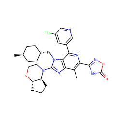 Cc1c(-c2noc(=O)[nH]2)nc(-c2cncc(Cl)c2)c2c1nc(N1CCO[C@H]3CCC[C@@H]31)n2C[C@H]1CC[C@H](C)CC1 ZINC001772599252